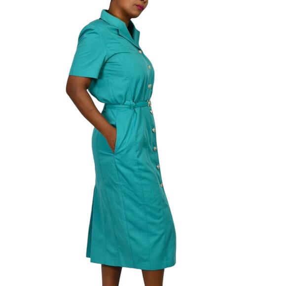 Vintage Together Shirtdress Green Dress Straight Belt Lattice Cutout LionHead 10 - Picture 3 of 14